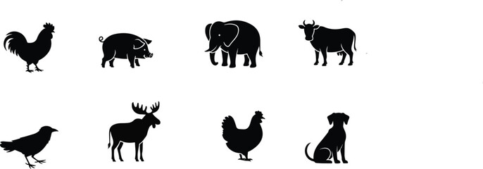 Fototapeta premium A professional minimalist vector silhouette set featuring mixed farm and wild animals including elephant cow pig dog and birds