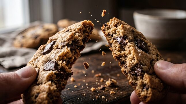 Breaking apart chocolate chip cookie texture 