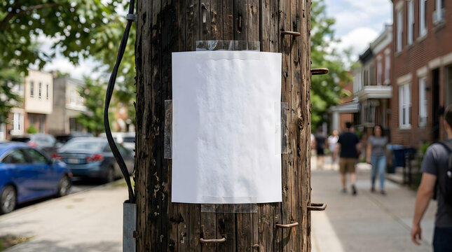 Blank white paper flyer on woden pole