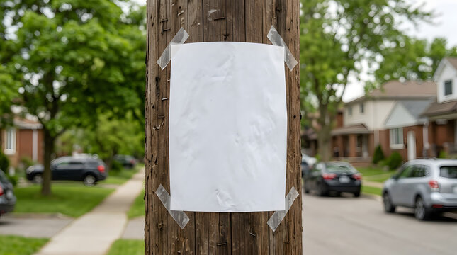 Blank white paper flyer on woden pole