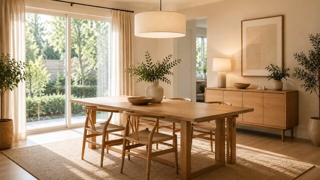 Sunlit Scandinavian dining room with wood furniture and plants