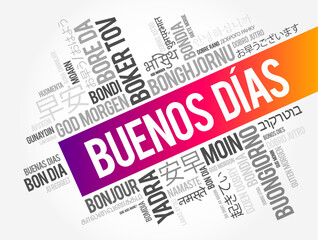 Buenos Dias text collage featuring international morning greetings. Graphic concept for global communication, multilingual expressions, linguistic education, and diversity. © dizain