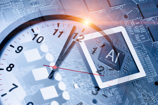 AI chip with Times clock, AI concept, Artificial intelligence, Technology future, Digital innovation