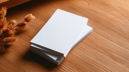Fototapeta premium Stacked clean white blank paper sheets on a warm textured wooden table, ideal for mockups or branding