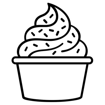 Stylized swirl of frozen yogurt in a paper cup line icon vector illustration, modern soft serve ice cream graphic for digital interfaces, clean black outline dairy product design element.