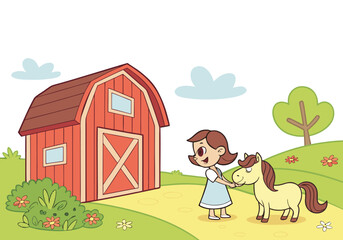Naklejka premium A happy little girl petting a cute pony outside a red barn on a sunny day.