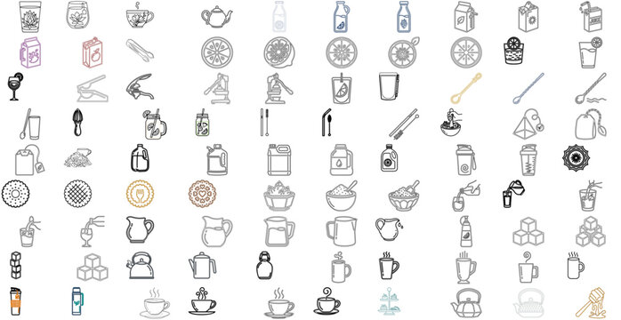 Tea and Beverages 1 Vector Icon Set featuring 90 minimalist line art icons of juice cartons, glass milk bottles, teapots, lemon slices, fruit squeezers, sugar tongs, and stirring spoons.