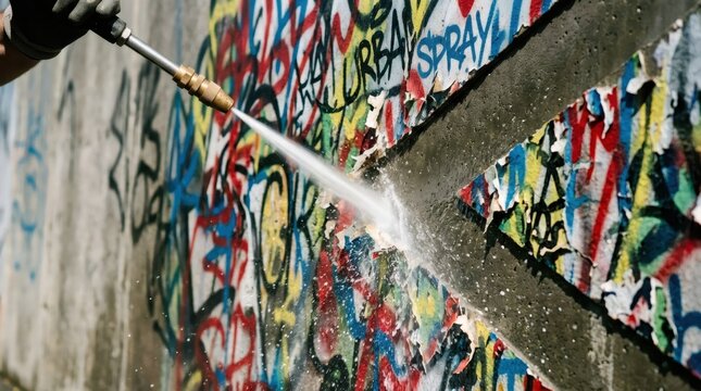 Man cleaning graffiti from concrete wall with high pressure water spray. Street art removal and urban maintenance service. Professional building exterior restoration and surface cleaning.