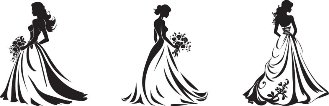 Wedding dress silhouettes, brides in gown, bouquets, black and white vector icons, set of 3