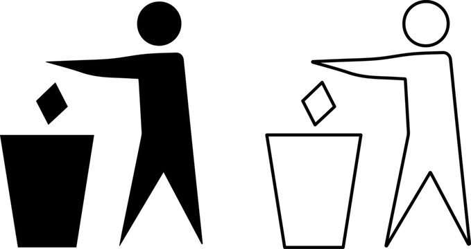 Littering icon set, person throwing trash into a bin, vector illustration