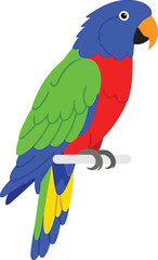 Fototapeta premium Colorful lorikeet parrot perched on a branch flat vector illustration for wildlife nature and tropical themes isolated on white