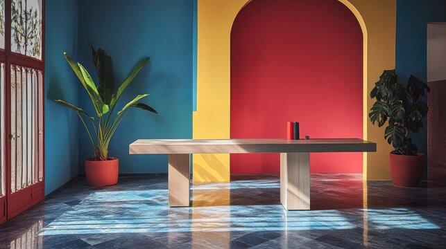 Colorful, modern, minimalist room with a long wooden table.  Vibrant, bold colors, tropical plants, and a contemporary style