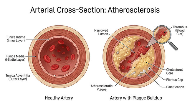 Arterial cross-section comparison shows healthy artery versus artery with plaque buildup and calcification.