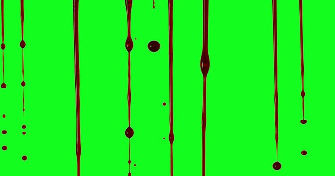 Multiple blood droplets falling and stretching in ultra slow motion against a chroma key green screen. High-speed footage designed for horror visual effects and compositing.