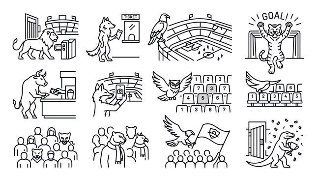 Football Stadium Experience and Match Day Activities Outline Icon Collection