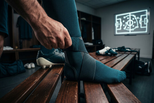 Athlete applying ankle support brace in soccer locker room