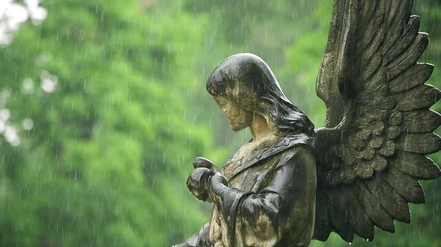 Close up of an old Angel statue at the Bernardine Cemetery on a rainy day filmed in slow motion.