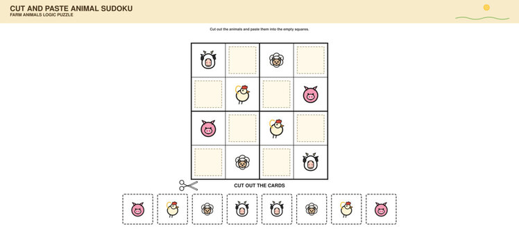 Cut and Paste Farm Animals Picture Sudoku Worksheet Vector
