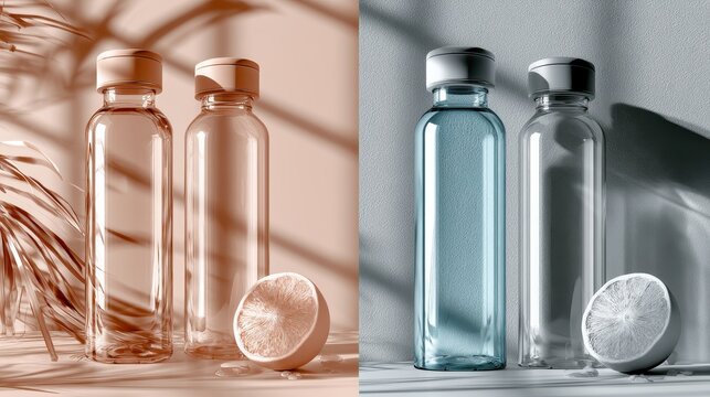 Two sets of water bottles with citrus fruit halves in warm and cool lighting
