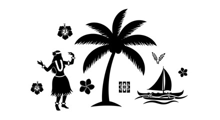 Fototapeta premium Black and white hawaiian hula dancer and palm tree vector illustration.