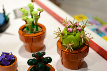 Naklejka premium A cactus made of Lego bricks on a table. Lego constructor