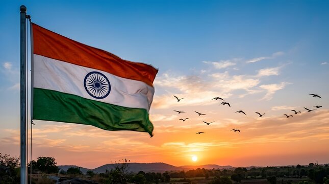 Indian Flag Waving Against Sunset Sky with Birds Flying