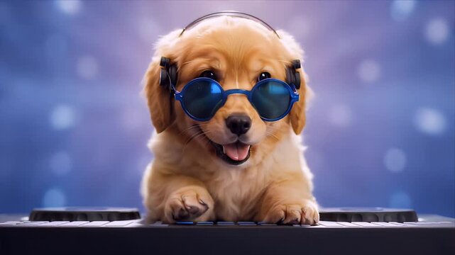 Adorable cute puppy golden retriever dog pet canine blue sunglasses eyewear and headphone music keyboard playful adorable happy dj style fun upbeat music party portrait cute puppy golden retriever dog