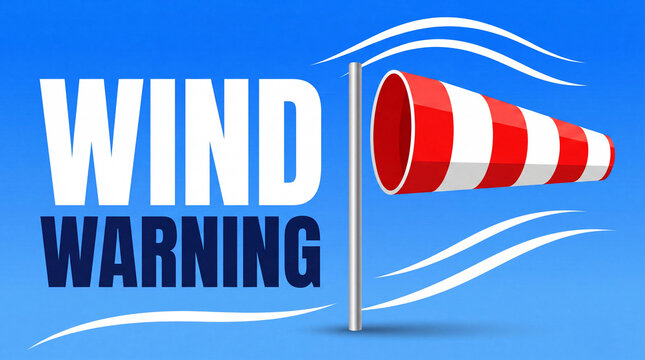 Wind Warning Poster With Windsock Illustration on Blue Background, Strong Wind and Gale Weather Alert Concept