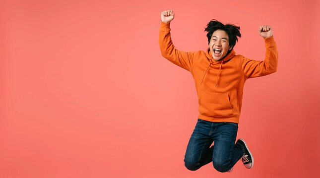 Excited young Asian man jumping with fists raised on pink background, success and celebration concept