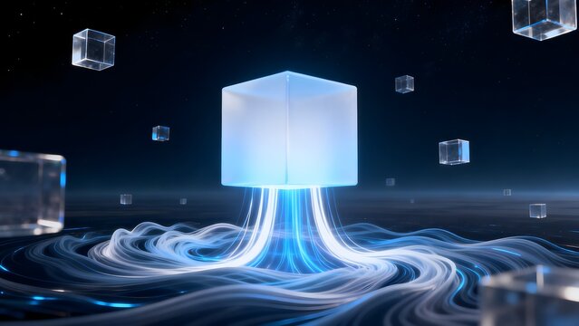 Abstract glowing cubes and flowing light