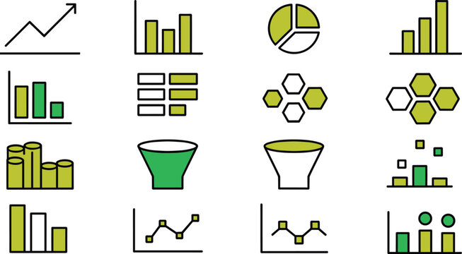 Data visualization chart icons set, business analytics symbols, performance metrics, growth trends, productivity solutions, funnel diagrams, scatter plots, success strategy