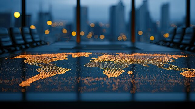 A glowing digital world map illuminates a conference table in a modern office