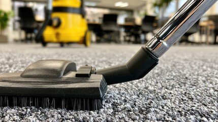 Fototapeta premium Close-up of vacuum head on textured carpet, cleaning equipment in background