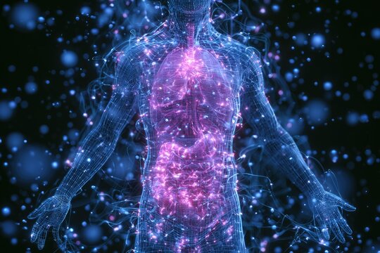 Luminous network of a transparent human body with glowing internal organs