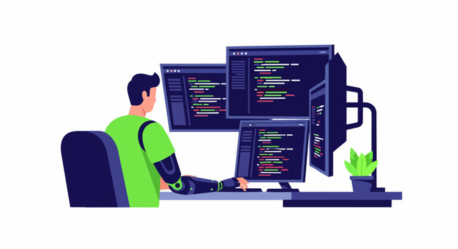 Software Developer with Robotic Bionic Arm Working on Multiple Monitors, Accessibility in Tech and Coding Concept Illustration