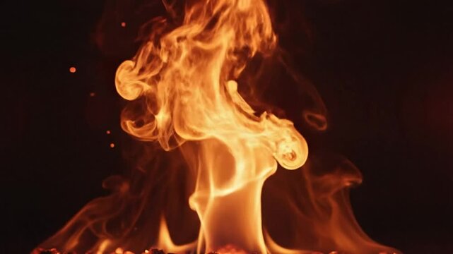 Mesmerizing close up of fire flames dancing and burning on a dark background showing smoke and glowing embers