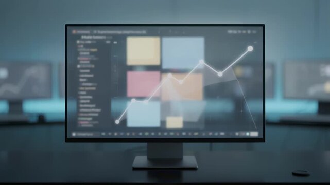 Medium shot capturing a dynamic investment record dashboard central screen sharply in focus showing ownership data blurred elements creating techfocused ambiance.