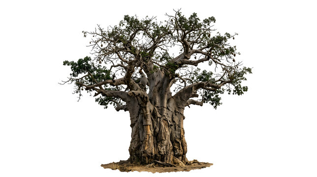 Isolated Ancient Baobab Tree with Thick Textured Trunk and Green Leaves on White Background