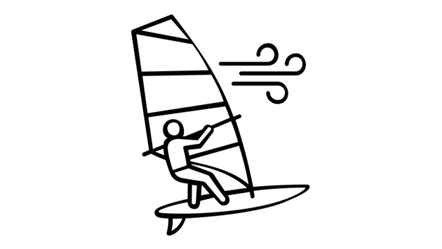 Modern windsurfing board with attached sail line icon vector illustration featuring a streamlined sailboard for maritime sports and tropical vacation activities on a pristine background.