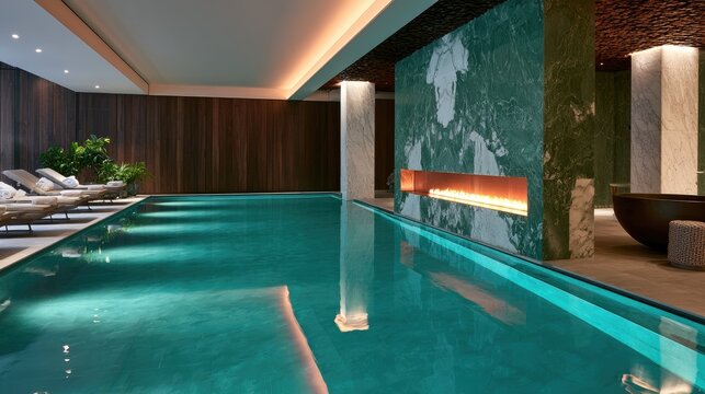 Luxurious indoor swimming pool with fireplace, lounge chairs, and plants