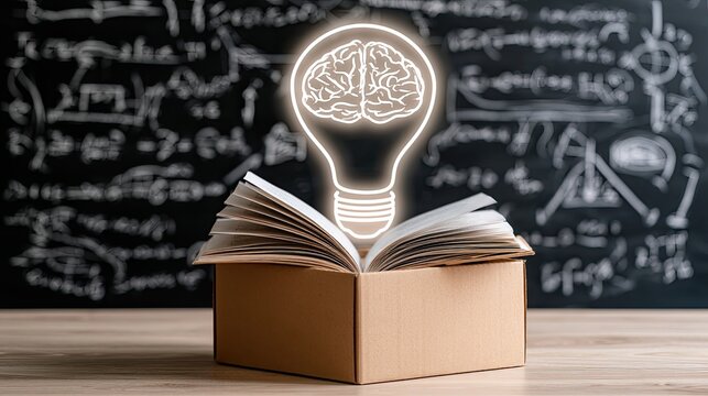 Open book, box, glowing brain lightbulb above. Chalkboard background with math
