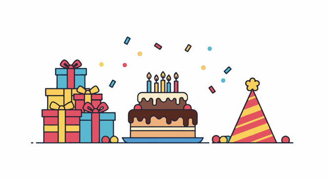 Festive birthday scene with tiered cake, gifts, and party hat