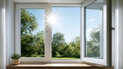 Fototapeta premium Bright sun shines through open window, framing lush green trees and clear blue sky