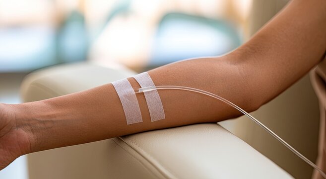 Close-up of a person's arm receiving an infusion, with a tube taped securely