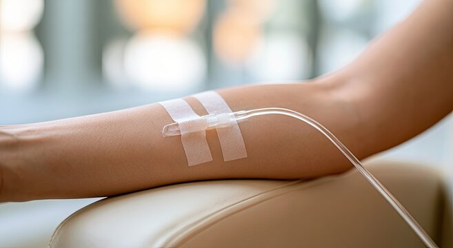 Close-up of an arm receiving an intravenous drip with sterile tape