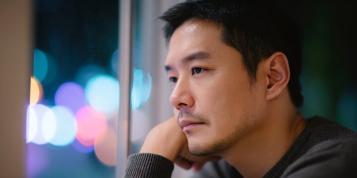 a closeup of an asian man leaning against the window, looking down with his head resting on one hand and tears in his eyes, city streets outside the window at night, blurry background