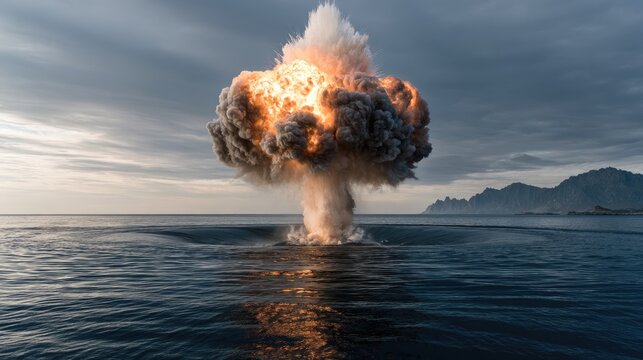 Massive underwater explosion creates towering plume over a dark, rippling ocean