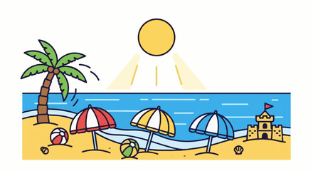 Obraz premium Sunny beach scene with palm tree, umbrellas, beach balls, and sandcastle