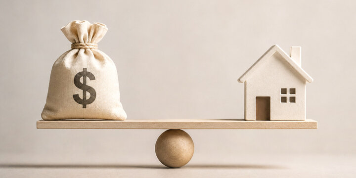 Property valuation and real estate investment with balanced money bag and house model in financial planning concept