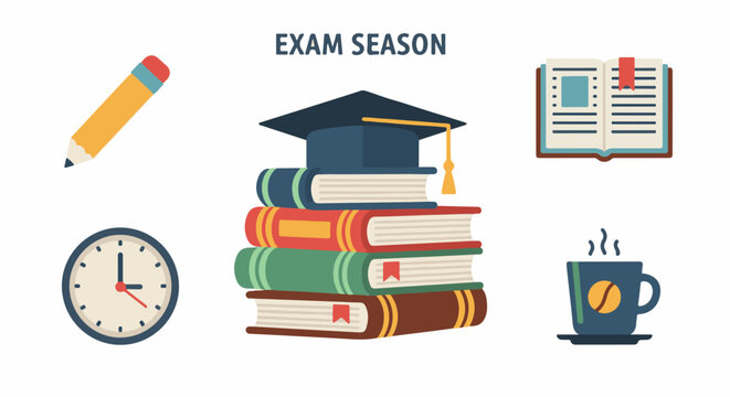 Academic icons including pencil, clock, stack of books, open book, and coffee cup